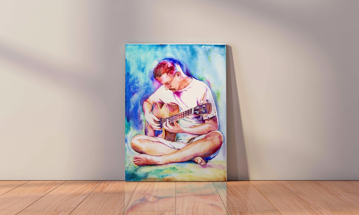 This is chris watercolor, colorful painting of a guitar player
