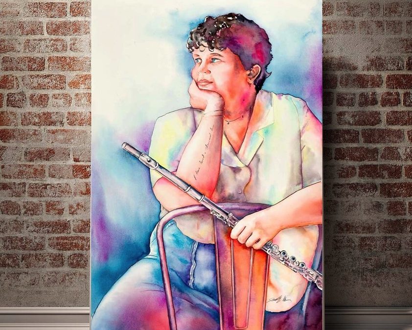 watercolor of a colorful flute player