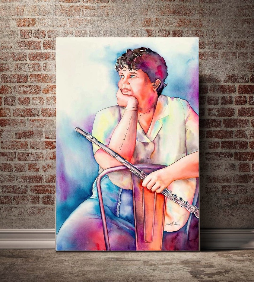 This is Josie painting by Jamie Hansen, watercolor of a colorful flute player