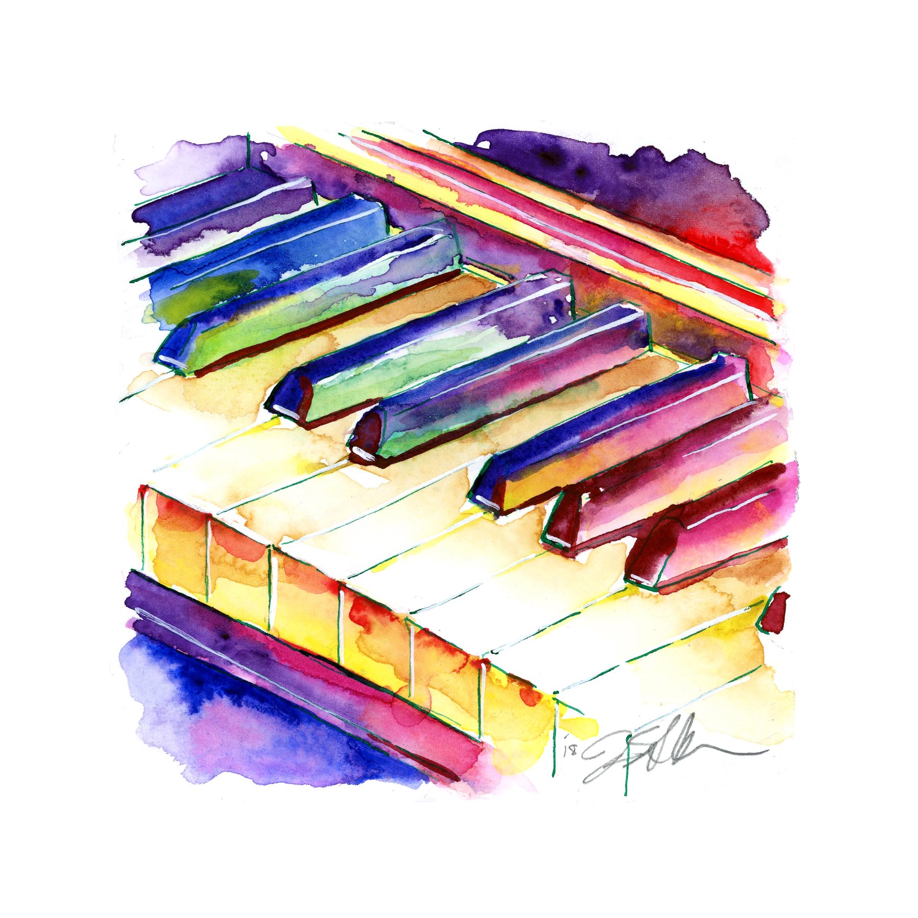 Cunningham, Brightly colored watercolor of a musical instrument in watercolor