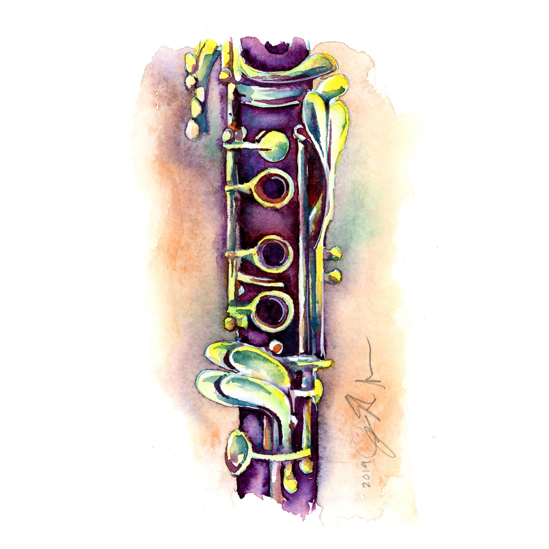 Brightly colored watercolor of a musical instrument in watercolor