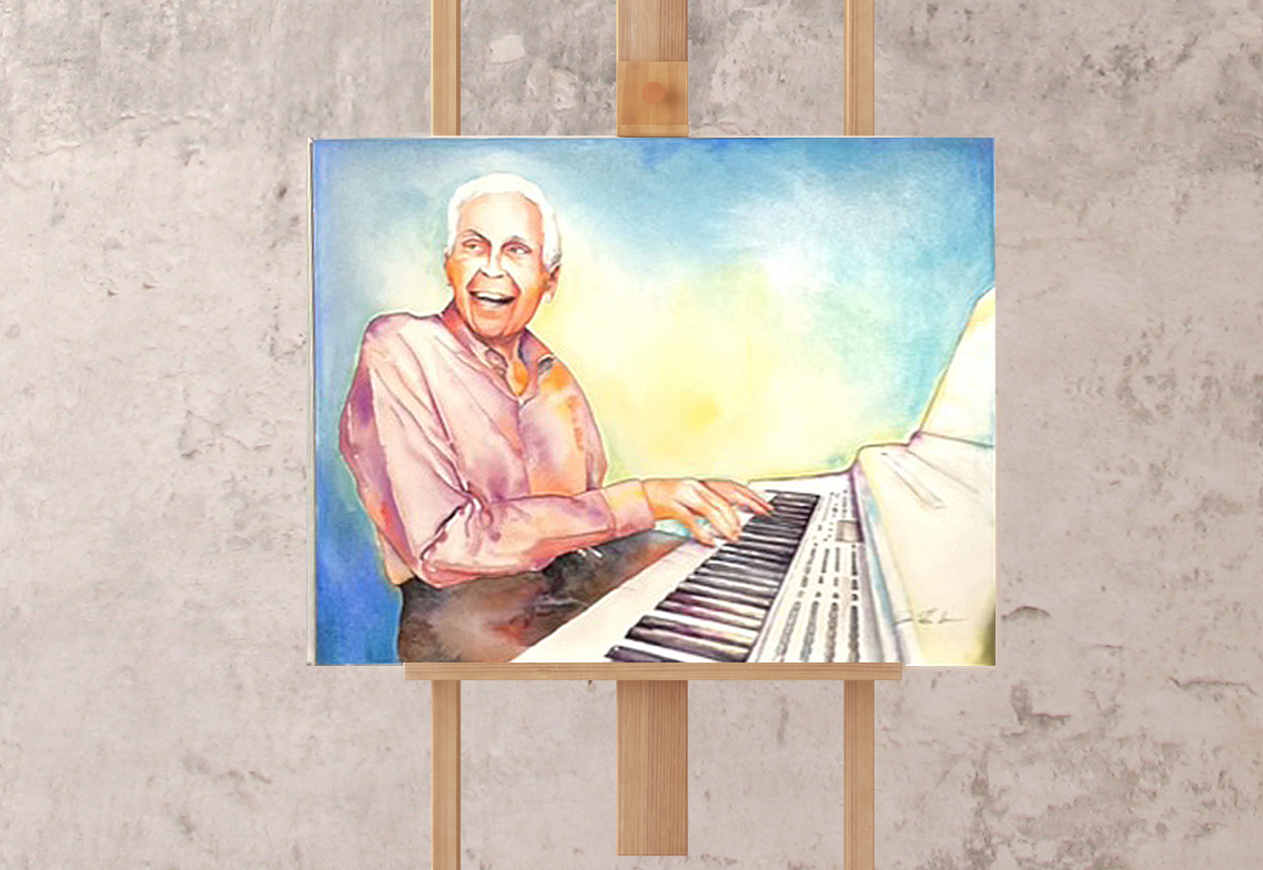 Johnny Mann at his piano painted in watercolor on an easel
