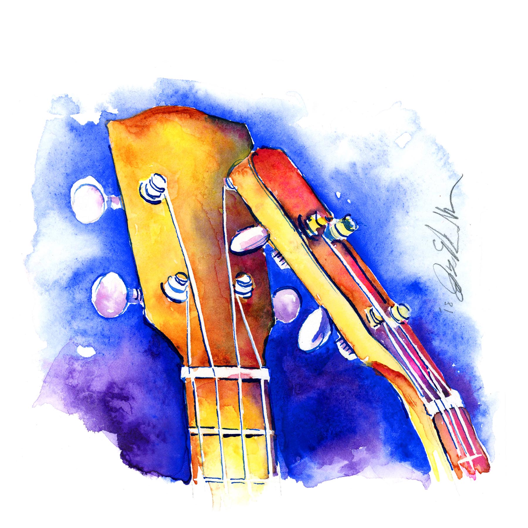 Brightly colored watercolor of a musical instrument in watercolor