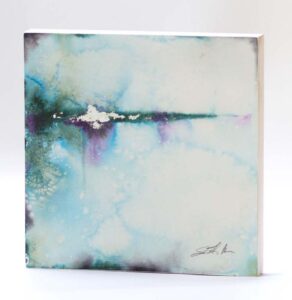 Abstract watercolor painting with blue and copper