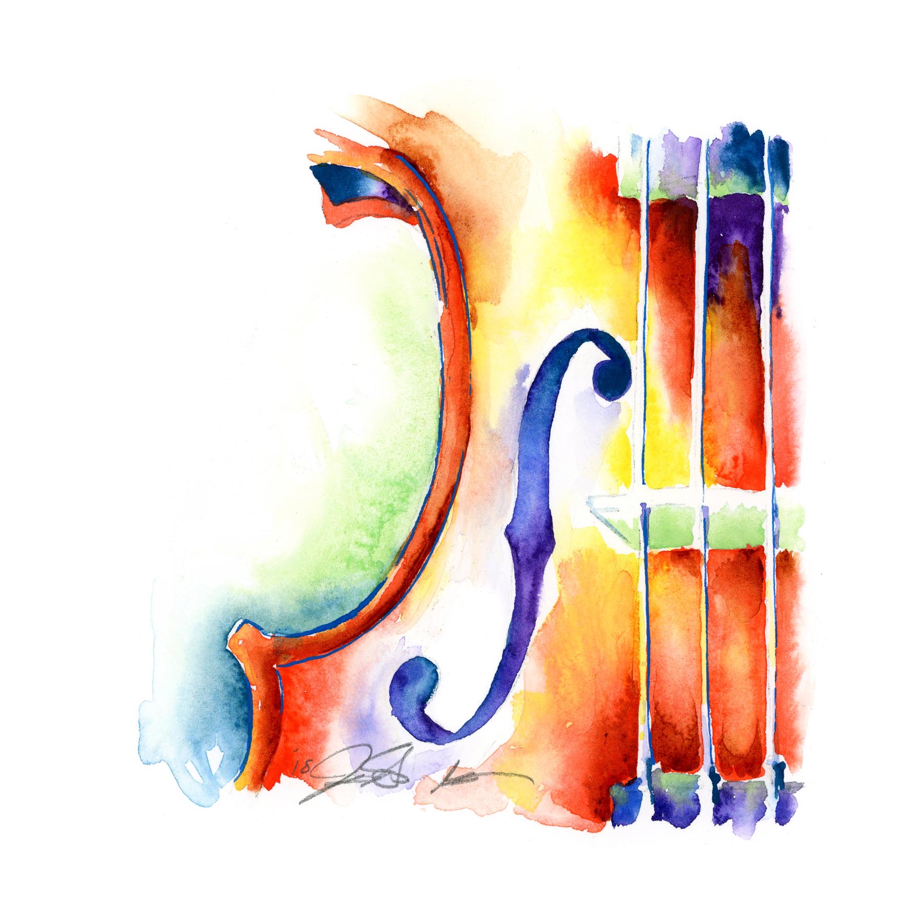 Brightly colored watercolor of a musical instrument in watercolor