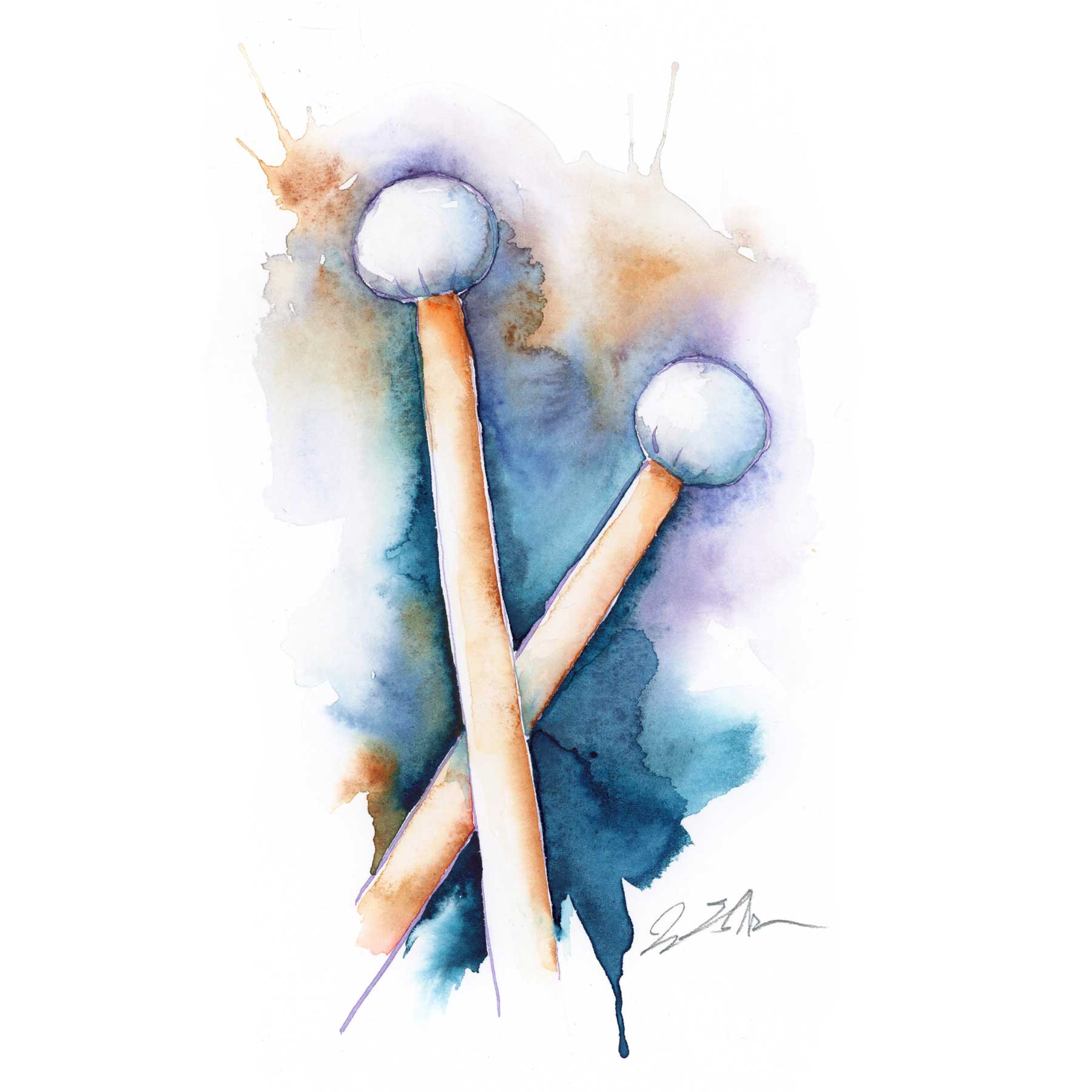 a set of mallets painted in watercolor