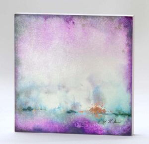Abstract watercolor painting with purple and copper