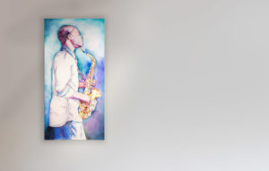 watercolor of a saxophone player
