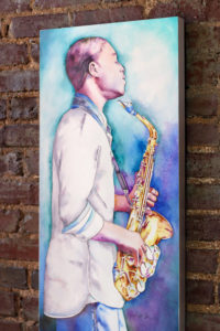 This is Sincere painting by Jamie Hansen, painting of saxophone player